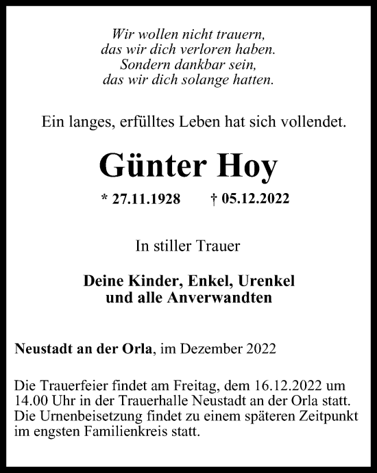 Traueranzeige von Günter Hoy