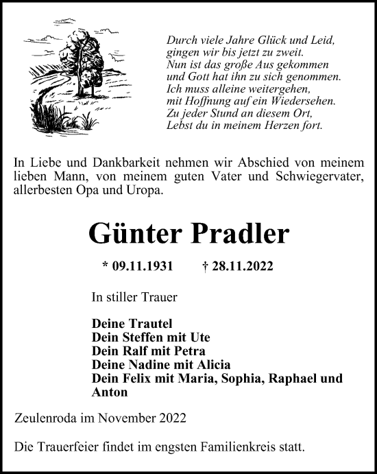 Traueranzeige von Günter Pradler von Ostthüringer Zeitung