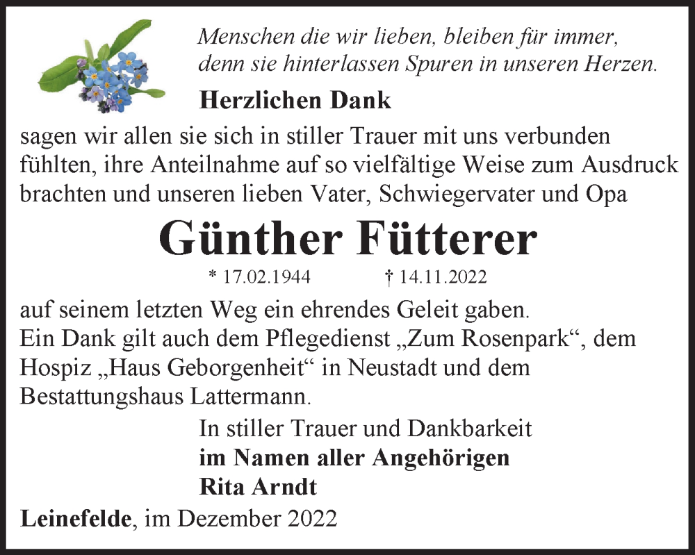  Traueranzeige für Günther Fütterer vom 21.12.2022 aus Thüringer Allgemeine