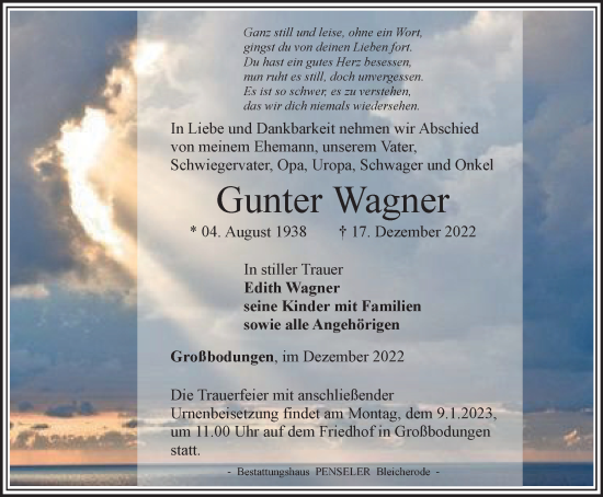 Traueranzeige von Gunter Wagner von Thüringer Allgemeine