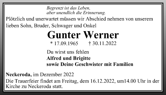 Traueranzeige von Gunter Werner