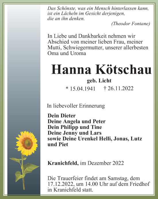 Traueranzeige von Hanna Kötschau von Thüringer Allgemeine, Thüringische Landeszeitung