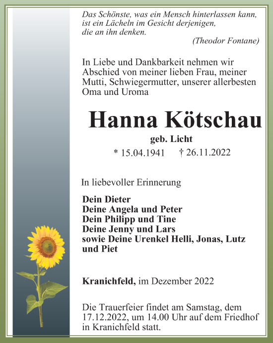 Traueranzeige von Hanna Kötschau