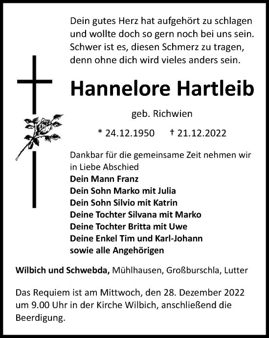 Traueranzeige von Hannelore Hartleib von Thüringer Allgemeine