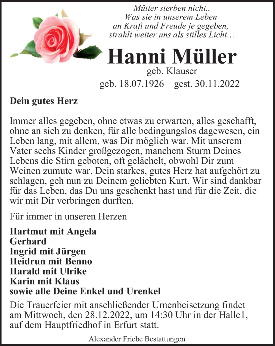 Traueranzeige von Hanni Müller