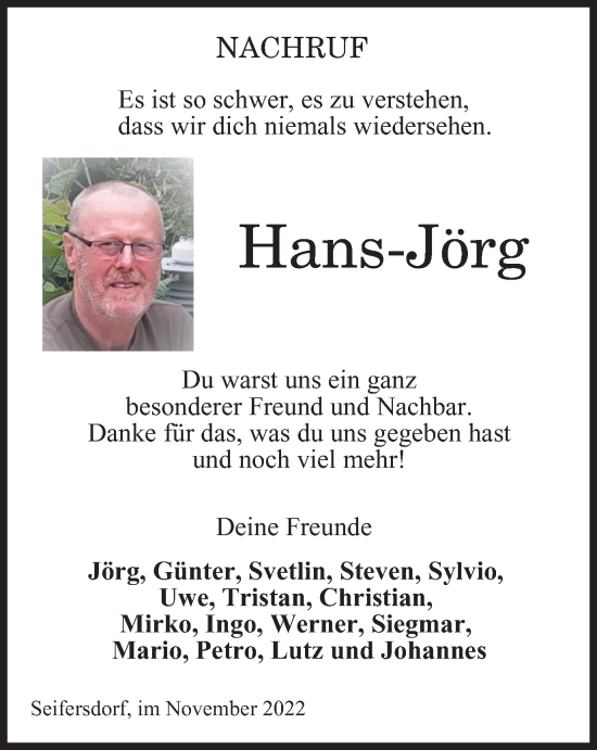 Traueranzeige von Hans-Jörg  von Ostthüringer Zeitung