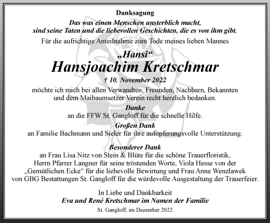 Traueranzeige von Hansjoachim Kretschmar von Ostthüringer Zeitung
