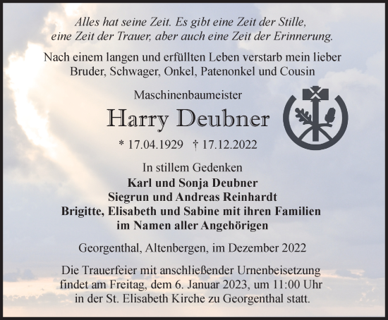 Traueranzeige von Harry Deubner von Thüringer Allgemeine, Thüringische Landeszeitung