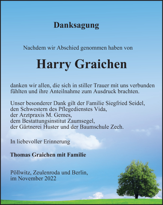 Traueranzeige von Harry Graichen von Ostthüringer Zeitung