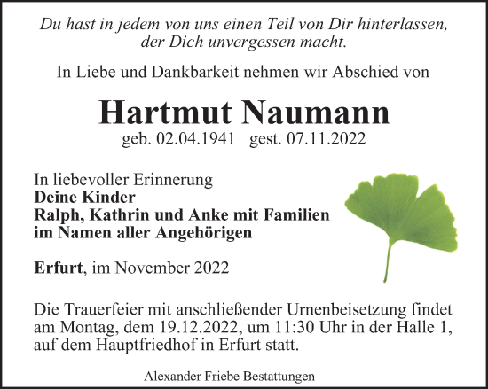 Traueranzeige von Hartmut Naumann