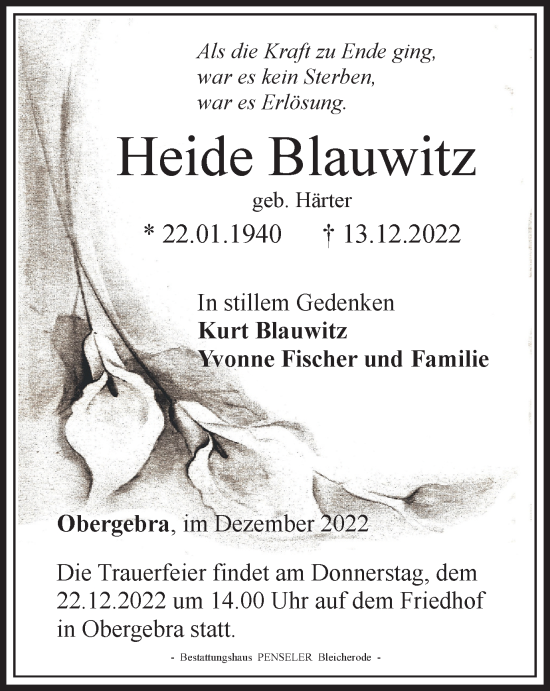 Traueranzeige von Heide Blauwitz von Thüringer Allgemeine