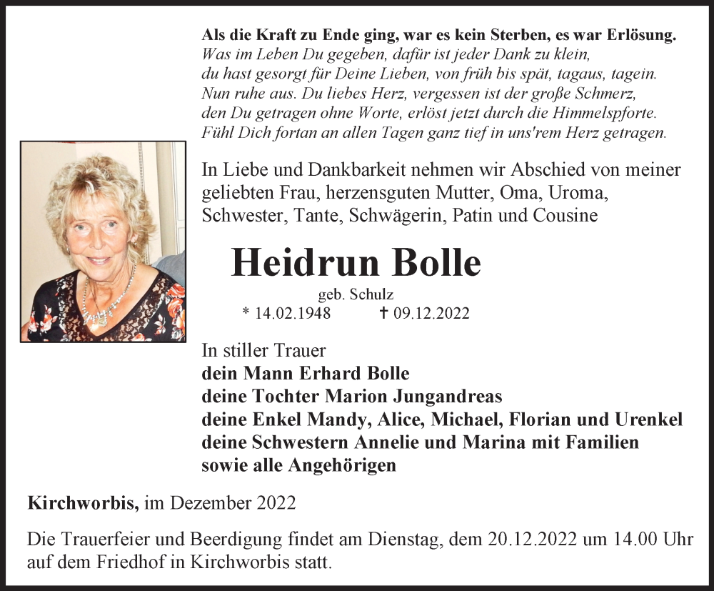  Traueranzeige für Heidrun Bolle vom 17.12.2022 aus Thüringer Allgemeine