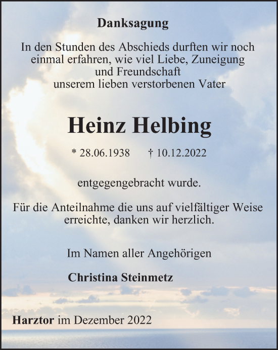 Traueranzeige von Heinz Helbing von Thüringer Allgemeine