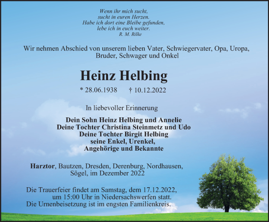 Traueranzeige von Heinz Helbing von Thüringer Allgemeine
