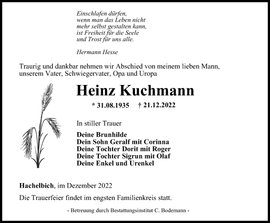 Traueranzeige von Heinz Kuchmann von Thüringer Allgemeine