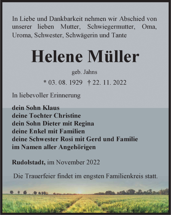 Traueranzeige von Helene Müller von Ostthüringer Zeitung