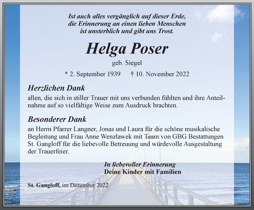  Traueranzeige für Helga Poser vom 17.12.2022 aus Ostthüringer Zeitung