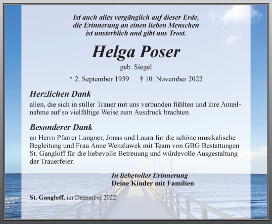 Traueranzeige von Helga Poser von Ostthüringer Zeitung