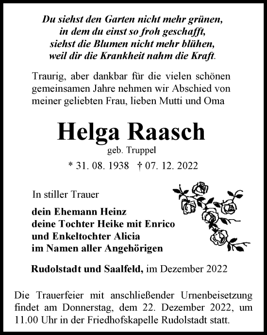 Traueranzeige von Helga Raasch von Ostthüringer Zeitung