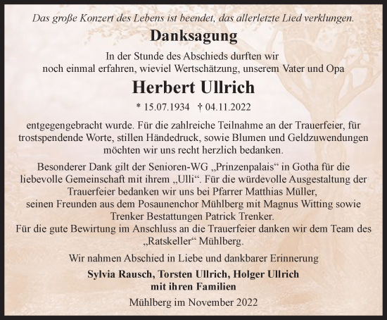 Traueranzeige von Herbert Ullrich von Thüringer Allgemeine, Thüringische Landeszeitung