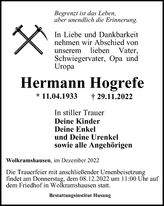 Traueranzeige von Hermann Hogrefe von Thüringer Allgemeine