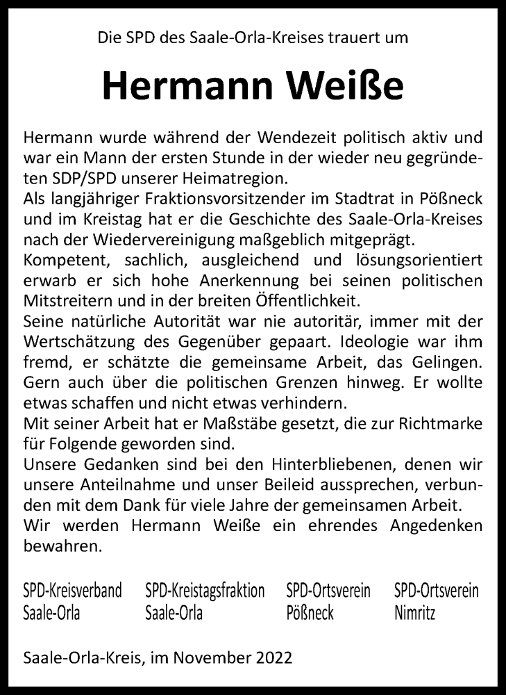  Traueranzeige für Hermann Weiße vom 01.12.2022 aus Ostthüringer Zeitung