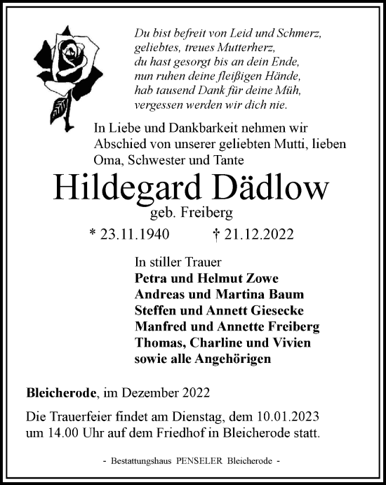 Traueranzeige von Hildegard Dädlow von Thüringer Allgemeine