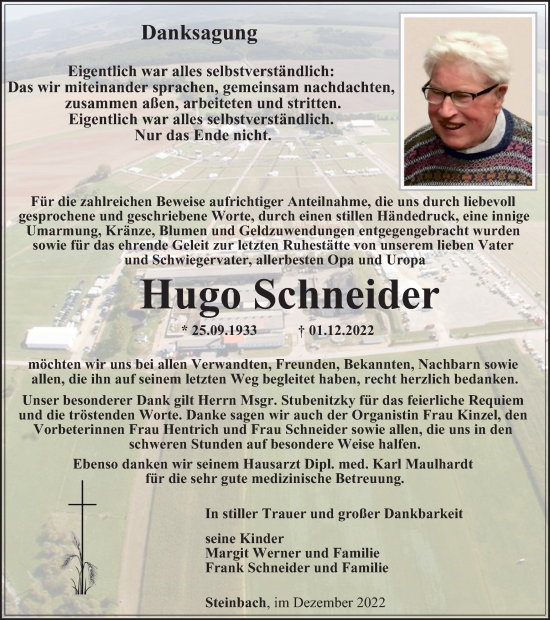 Traueranzeige von Hugo Schneider von Thüringer Allgemeine