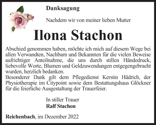 Traueranzeige von Ilona Stachon von Ostthüringer Zeitung