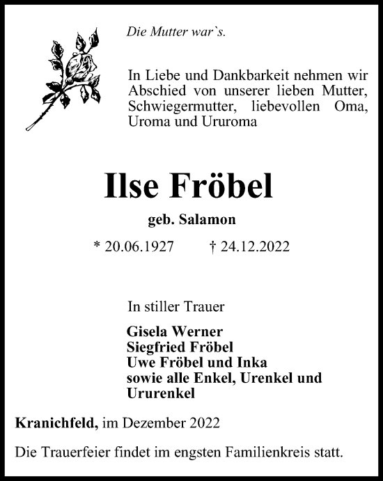 Traueranzeige von Ilse Fröbel