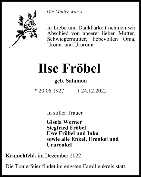 Traueranzeige von Ilse Fröbel von Thüringer Allgemeine, Thüringische Landeszeitung