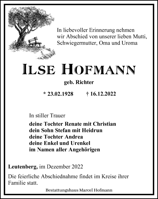 Traueranzeige von Ilse Hofmann