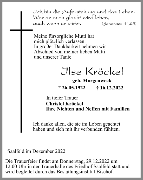 Traueranzeige von Ilse Kröckel von Ostthüringer Zeitung