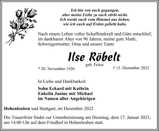 Traueranzeige von Ilse Röbelt von Ostthüringer Zeitung