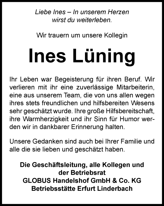 Traueranzeige von Ines Lüning