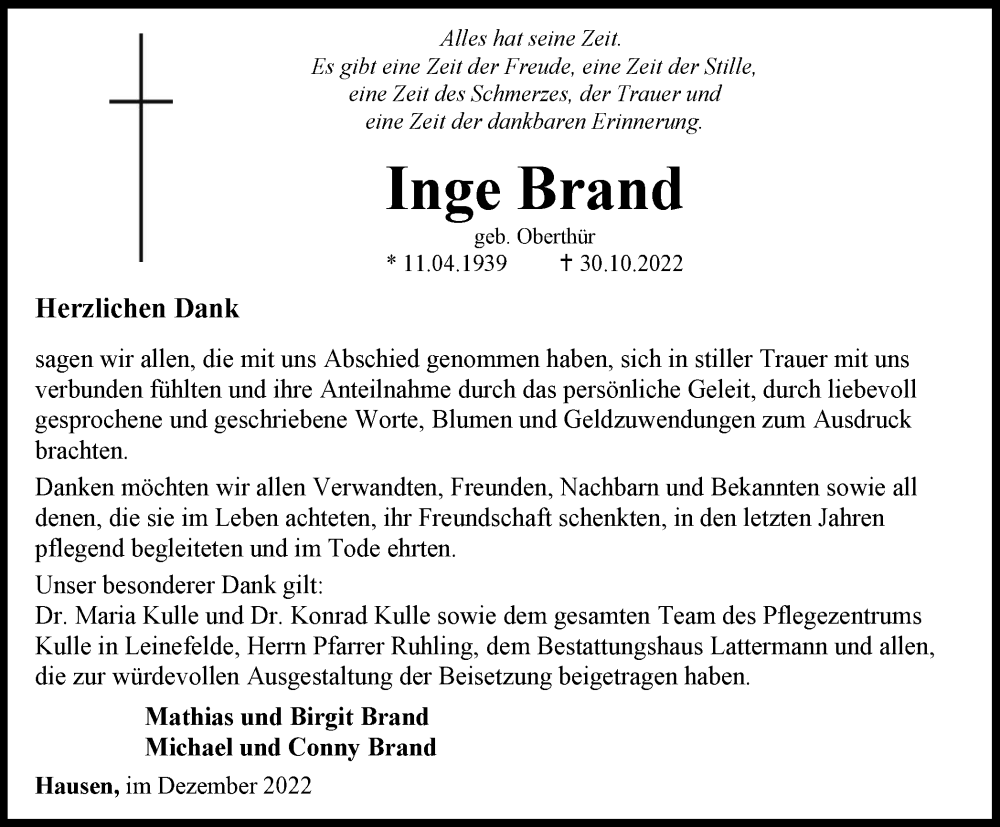 Traueranzeige für Inge Brand vom 17.12.2022 aus Thüringer Allgemeine