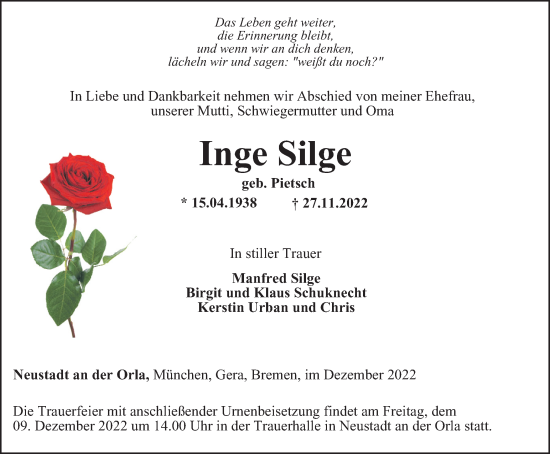 Traueranzeige von Inge Silge