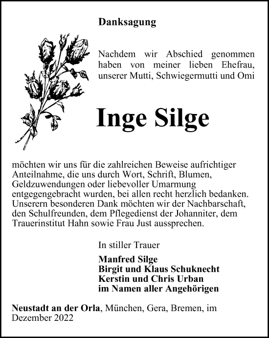 Traueranzeige von Inge Silge