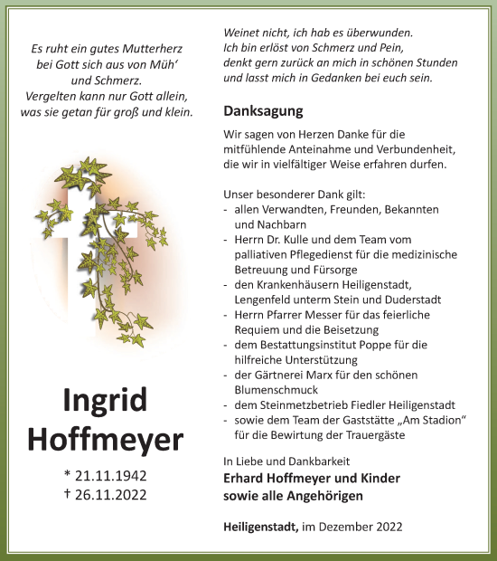 Traueranzeige von Ingrid Hoffmeyer von Thüringer Allgemeine