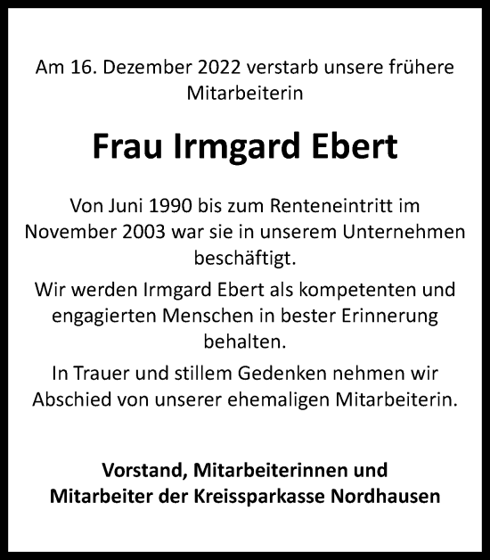 Traueranzeige von Irmgard Ebert von Thüringer Allgemeine
