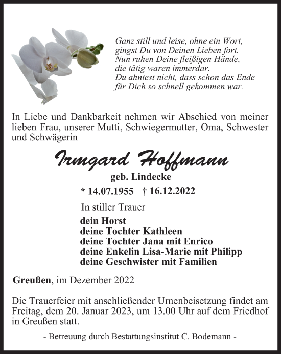 Traueranzeige von Irmgard Hoffmann