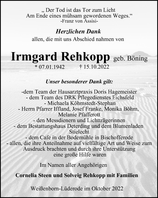 Traueranzeige von Irmgard Rehkopp von Thüringer Allgemeine