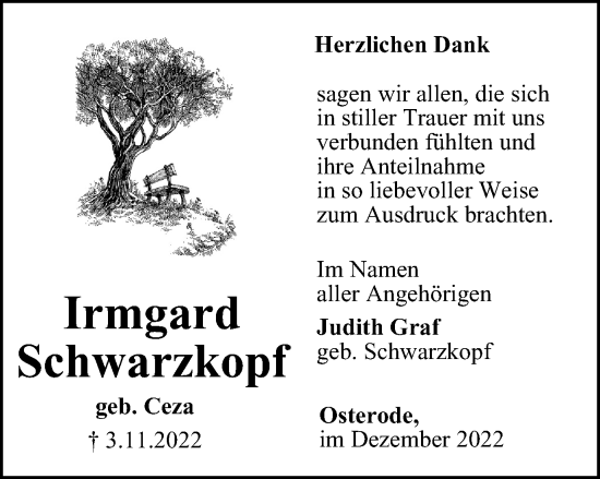 Traueranzeige von Irmgard Schwarzkopf von Thüringer Allgemeine, Thüringische Landeszeitung