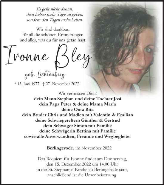 Traueranzeige von Ivonne Bley von Thüringer Allgemeine