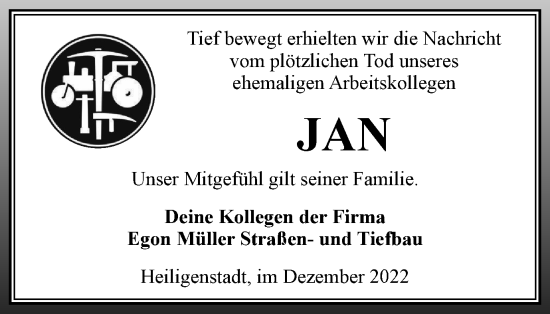 Traueranzeige von Jan  von Thüringer Allgemeine