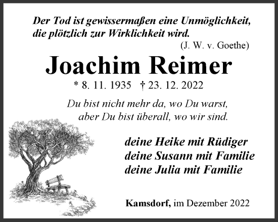 Traueranzeige von Joachim Reimer von Ostthüringer Zeitung