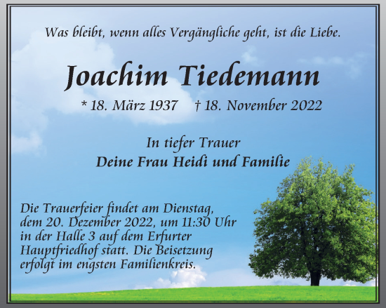 Traueranzeige von Joachim Tiedemann