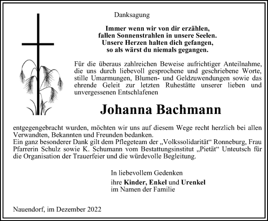 Traueranzeige von Johanna Bachmann von Ostthüringer Zeitung