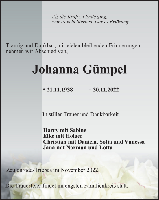 Traueranzeige von Johanna Gümpel von Ostthüringer Zeitung