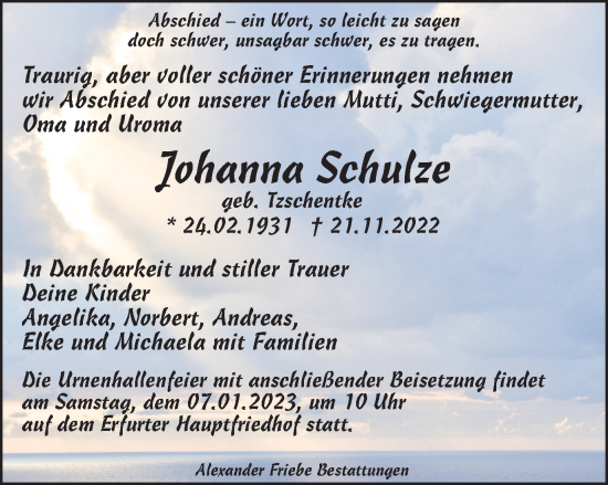 Traueranzeige von Johanna Schulze